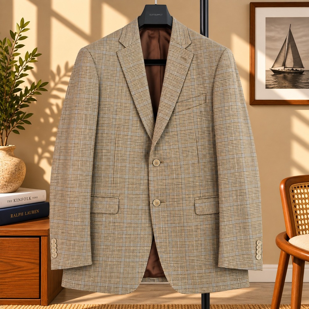 Barneys New York Sport Coat Men 46L Brown Loro Piana Wool Houndstooth Blue Plaid